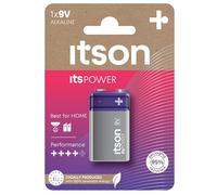ITSON, 9V Piles alcalines, Paquet de 1, pour horloges, Torches, télécommandes, Emballage sans Plastique, 6LR61IPO/1CP