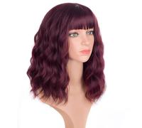 ITTAYLER Perruque rouge vin courte bou ondulée Bob pour femme Perruque de cosplay Perruques synthétiques avec frange Costume Halloween Fête Perruques pour barbecue