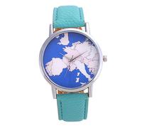 ITVIP Watch the World Map Montre à quartz analogique avec cadran bleu et bracelet en cuir classique pour homme et femme, vert, 230 mm