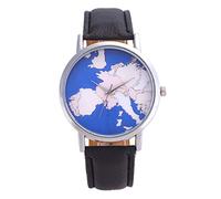 ITVIP Watch the World Map Montre à quartz analogique avec cadran bleu et bracelet en cuir classique pour homme et femme, noir, 230 mm