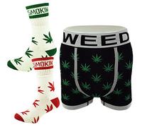 Itzu Boxer pour homme et 2 paires de chaussettes mi-mollet Motif feuille de cannabis Taille 39 à 45 - Blanc - Medium