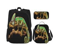 IUBBKI 3 pièces ensemble sacs à dos caméléon sur fond noir sac de livre voyage camping travail sac d'école trousse à crayons sac à déjeuner combinaison pour hommes femmes garçons filles