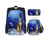 IUBBKI 3 Pièces Ensemble Sacs à Dos Cougar On Snow Mountain Livre Sac Voyage Camping Travail Sac D'école Trousse À Crayons Sac À Lunch Combinaison Pour Hommes Femmes Garçons Filles