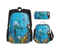 IUBBKI 3 pièces ensemble sacs à dos dauphin monde livre sac voyage camping travail sac d'école trousse à crayons sac à déjeuner combinaison pour hommes femmes garçons filles