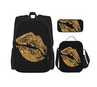 IUBBKI 3 pièces ensemble sacs à dos Golden Sparkling Lips thème livre sac voyage Camping travail sac d'école trousse à crayons sac à déjeuner combinaison pour hommes femmes garçons filles