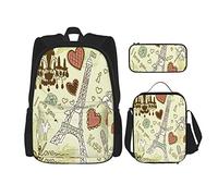 IUBBKI 3 Pièces Ensemble Sacs à Dos Love In Paris Doodles Jaune Cartable Voyage Camping Travail Sac D'école Trousse Sac À Lunch Combinaison Pour Hommes Femmes Garçons Filles
