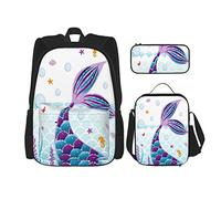 IUBBKI 3 Pièces Ensemble Sacs à Dos Sirène Queue Motif Bleu Mer Monde Cartable Voyage Camping Travail Sac D'école Trousse Sac À Lunch Combinaison Pour Hommes Femmes Garçons Filles