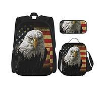 IUBBKI American Bald Eagle On Grunge Flag Backpack Student School Book Bags Set 3 Piece With Lunch Box Pencil Case For Boys Girls