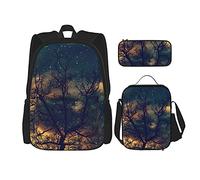 IUBBKI Arbre de vie sous les étoiles Sac à dos scolaire trois pièces pour filles et adolescents (combinaison cartable + plumier + sac à lunch)
