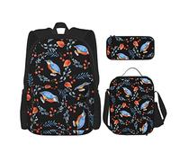 IUBBKI Blue Bird And Leaves Orange Berries Boys Girls Backpack Daypack Set 3 Pieces School Bookbag Lunchbox Pencil Bag