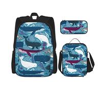 IUBBKI Blue Cartoon Sharks With Sealife Boys Girls Backpack Daypack Set 3 Pieces School Bookbag Lunchbox Pencil Bag