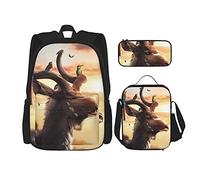 IUBBKI Bois d'élan sur la maison des animaux Sac à dos scolaire trois pièces pour filles et adolescents (combinaison sac d'école + boîte à crayons + sac à lunch)