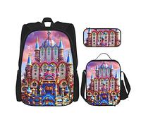 IUBBKI Château européen conte de fées Sac à dos scolaire trois pièces pour filles et adolescents (combinaison sac d'école + boîte à crayons + sac à lunch)