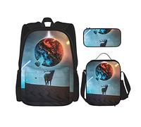 IUBBKI Elk under the beautiful Mars Earth Sac à dos scolaire trois pièces pour filles et adolescents (combinaison sac d'école + boîte à crayons + sac à lunch)