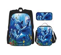 IUBBKI Ensemble de 3 pièces Sacs à dos Blue Sea World Coral Dolphin Print Book Bag Travel Camping Work School Bag Trousse à crayons Sac à lunch Combinaison pour hommes Femmes Garçons Filles