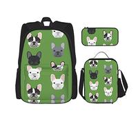 IUBBKI Ensembles de sac à dos scolaire 3 pièces Teens Studentss (Green Frenchie Dog) Cartable + Sac à lunch + Trousse à crayons Mignon Sac à dos College Work Gym Randonnée Pêche Carry On Bag