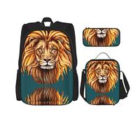 IUBBKI Ensembles de sac à dos scolaire 3 pièces Teens Studentss (Head of Lion King) Cartable + Sac à lunch + Trousse à crayons Mignon Sac à dos College Work Gym Randonnée Pêche Carry On Bag