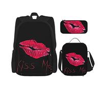 IUBBKI Ensembles de sac à dos scolaire 3 pièces Teens Studentss (rose pink lip print kiss me) Book Bag + Lunch Bag + Trousse à crayons Cute Sackpack College Work Gym Randonnée Pêche Sac d'ordinateur