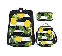 IUBBKI Feuilles vert citron rayées Sac à dos scolaire trois pièces pour filles et adolescents (combinaison sac d'école + boîte à crayons + sac à lunch)
