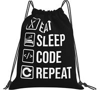 IUBBKI Funny Computer Programmer Saying Eat Sleep Code Gifts Sac de sport noir Sac à cordon avec fermeture à cordon pour collectionner des jouets Accessoires de sport de voyage