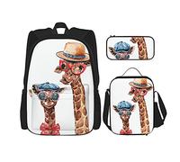 IUBBKI Funny gentleman's giraffe Sac à dos scolaire trois pièces pour filles et adolescents (combinaison sac d'école + boîte à crayons + sac à lunch)