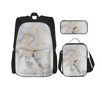 IUBBKI Golden White Marble Boys Girls Backpack Daypack Set 3 Pieces School Bookbag Lunchbox Pencil Bag