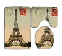 IUBBKI Home Collection Lot de 3 tapis de salle de bain à séchage rapide et absorbant l'eau, tapis de contour et abattant de WC - Tour Eiffel de Paris