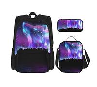 IUBBKI Howling wolf soul Northern Lights Sac à dos scolaire trois pièces pour filles et adolescents (combinaison sac d'école + boîte à crayons + sac à lunch)