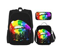 IUBBKI Lip gloss pride rainbow gay colors Sac à dos scolaire trois pièces pour filles et adolescentes (combinaison sac d'école + boîte à crayons + sac à lunch)