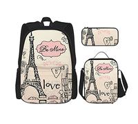 IUBBKI Love in paris Sac à dos scolaire 3 pièces fille et ado (combinaison cartable + plumier + lunch bag)