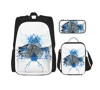 IUBBKI Mancha Triangle Fish Sac à dos scolaire trois pièces pour filles et adolescents (combinaison sac d'école + boîte à crayons + sac à lunch)
