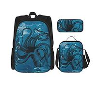 IUBBKI Octopus des mers profondes en marbre Sac à dos scolaire trois pièces pour filles et adolescents (combinaison sac d'école + boîte à crayons + sac à lunch)