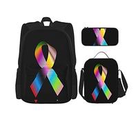 IUBBKI Rainbow Breast Cancer Ribbon Sac à dos scolaire trois pièces pour filles et adolescentes (combinaison sac d'école + boîte à crayons + sac à lunch)