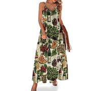 IUBBKI Robes Longues d'été pour Femmes 2025 - Robe Longue de Plage à Bretelles Spaghetti, Motif Pizza Rouge et imprimé Alimentaire, Petite