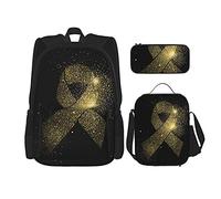 IUBBKI Ruban de cancer à paillettes dorées Sac à dos scolaire trois pièces pour filles et adolescents (combinaison sac d'école + boîte à crayons + sac à lunch)