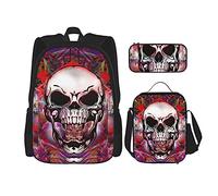 IUBBKI Sac à dos d'école trois pièces Colorful Devil's Skeleton pour filles et adolescents (combinaison sac d'école + boîte à crayons + sac à lunch)