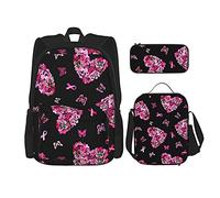 IUBBKI Sac à dos scolaire trois pièces ruban papillon cancer du sein pour filles et adolescentes (combinaison sac d'école + boîte à crayons + sac à lunch)