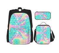 IUBBKI Sac à dos scolaire trois pièces Shiny Mermaid Fish Scale pour filles et adolescents (combinaison sac d'école + boîte à crayons + sac à lunch)