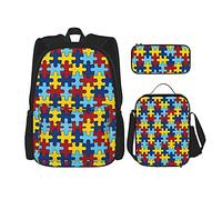 IUBBKI Sensibilisation à l'autisme coloré Puzzle pièce sac à dos étudiant école livre sacs ensemble 3 pièces avec boîte à déjeuner porte-crayon pour garçons filles
