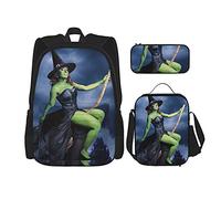 IUBBKI Sorcière d'Halloween volante Sac à dos scolaire trois pièces pour filles et adolescents (combinaison sac d'école + boîte à crayons + sac à lunch)