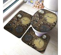 IUBBKI Steampunk Horloges Tapis de salle de bain en flanelle douce 3 pièces Tapis de bain + Tapis contour + Housse d'abattant WC avec dos antidérapant
