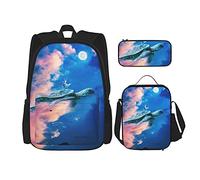 IUBBKI Tortue volante Sac à dos scolaire trois pièces pour filles et adolescents (combinaison sac d'école + boîte à crayons + sac à lunch)