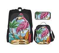 IUBBKI Tropical palm flamingo Sac à dos scolaire trois pièces pour filles et adolescents (combinaison sac d'école + boîte à crayons + sac à lunch)