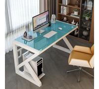 IUBGFTO Bureau en Verre trempé, Bureau de Jeu Moderne, Table d'étude, Station de Travail pour Bureau à Domicile (Cadre Bleu + Blanc 100 cm)