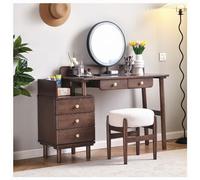 IUBGFTO Coiffeuse avec Miroir Lumineux et Tabouret, 3 Couleurs d'éclairage, Grand réglable, Ensemble de Coiffeuse avec 5 Grands tiroirs pour Chambre à Coucher, pour Filles et Femmes, Marron