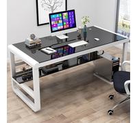 IUBGFTO Table d'étude Simple et Moderne en Verre trempé avec étagères de Rangement, Table d'écriture pour Ordinateur Portable, Bureau de Jeu (Noir et Blanc 80 x 60 x 75 cm)
