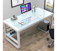 IUBGFTO Table d'étude Simple et Moderne en Verre trempé avec étagères de Rangement, Table d'écriture pour Ordinateur Portable, Bureau de Jeu (Blanc 120 x 60 x 75 cm)