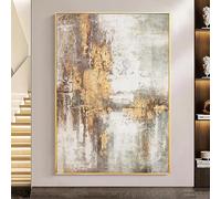 IUCUHE Tableau abstrait mural encadré beige, doré et gris, pour salon, grande peinture scandinave, 30 x 42 cm, avec cadre doré