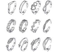 IUDWCG - 12 Pcs Anneau en alliage d'acier inoxydable anneau de jonction dames anneau réglable hypoallergénique anneau ouvert orteil queue anneau de fleur doigt ensemble bijoux anneau de pied