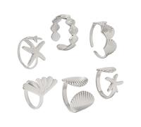 Iuhtrb Lot de 6 bagues ouvertes réglables en forme d'étoiles de mer, coquillages, étoiles, bijoux de plage pour femme, amie, sœur, bagues superposées tendance pour un usage quotidien, taille unique